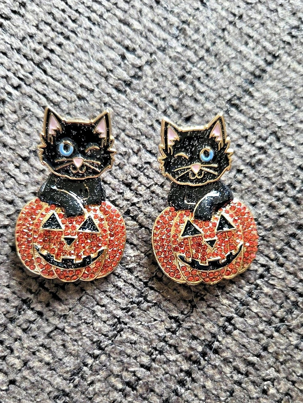 Way to Celebrate Jack-O-Lantern Cat Halloween Earrings Black & Orange